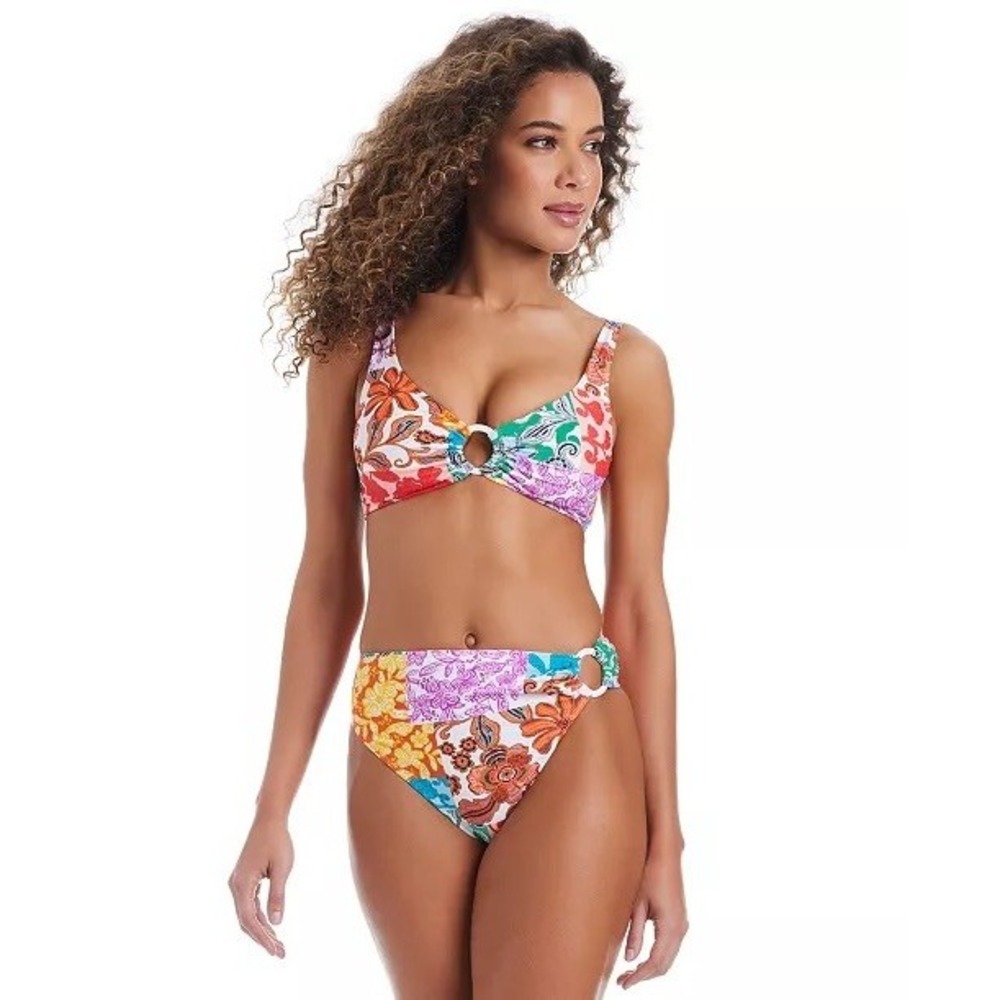 NWT Bar III Bikini Set Women S Multi Patchwork Floral O-Ring Tie Front Swimsuit